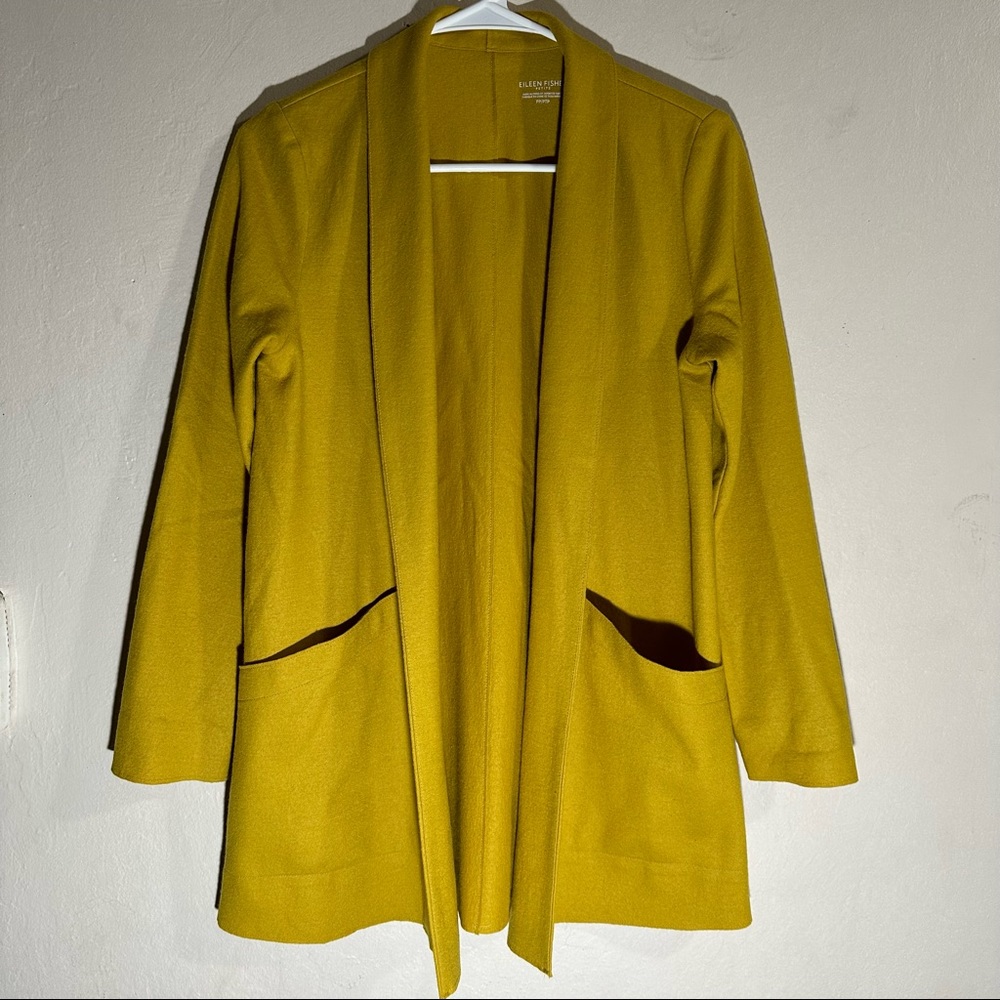 Pre-owned Womens Eileen Fisher 100% Wool Long Cardigan In Mustard Yellow
